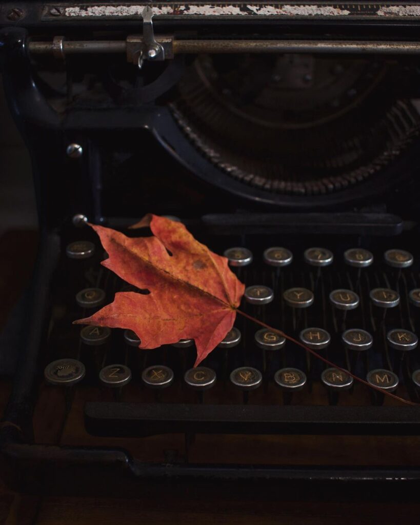 Black underwood typewriter with an orange autumn leaf