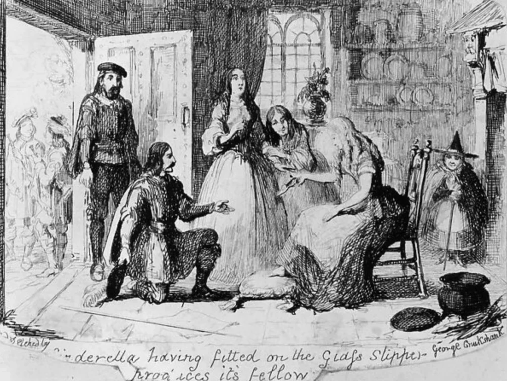 Black and white illustration of Cinderella with the price fitting the shoe onto Cinderella