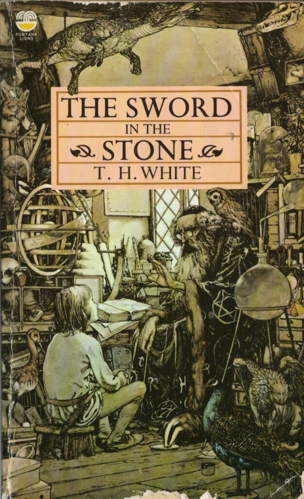 Vintage paperback cover of Sword in the Stone by T.H. White with art by Alan Lee. Merlin is instructing Arthur who sits at his feet. They are in Merlin's cottage which is filled with ephemera of wizardry including an armillary sphere, an owl, a skull, and a crocodile hanging from the ceiling. The whole cottage is crammed full of objects.