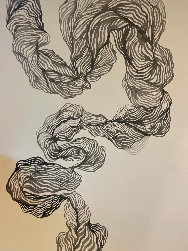Ink drawing by Hanna Keiner. Sinuous lines that evoke smoke or waves.