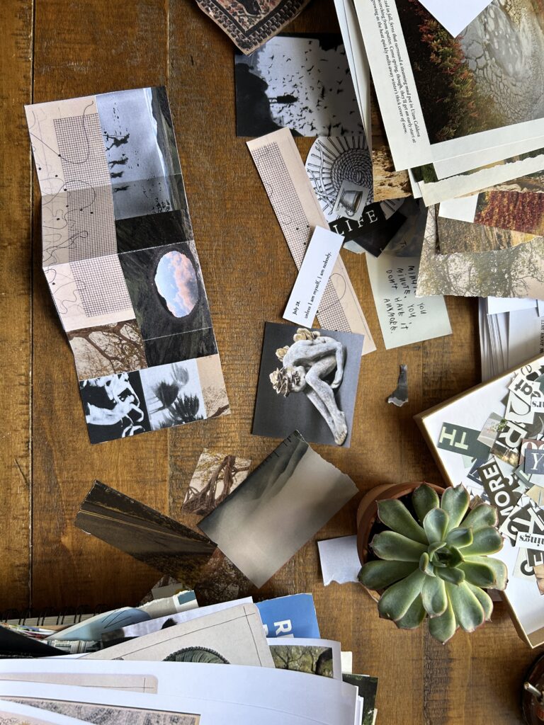 Collage papers and mini accordian zine on a wooden desk with a succulent plant. Images on zine include reflections, silhouetted figures, and trees bending in the wind.