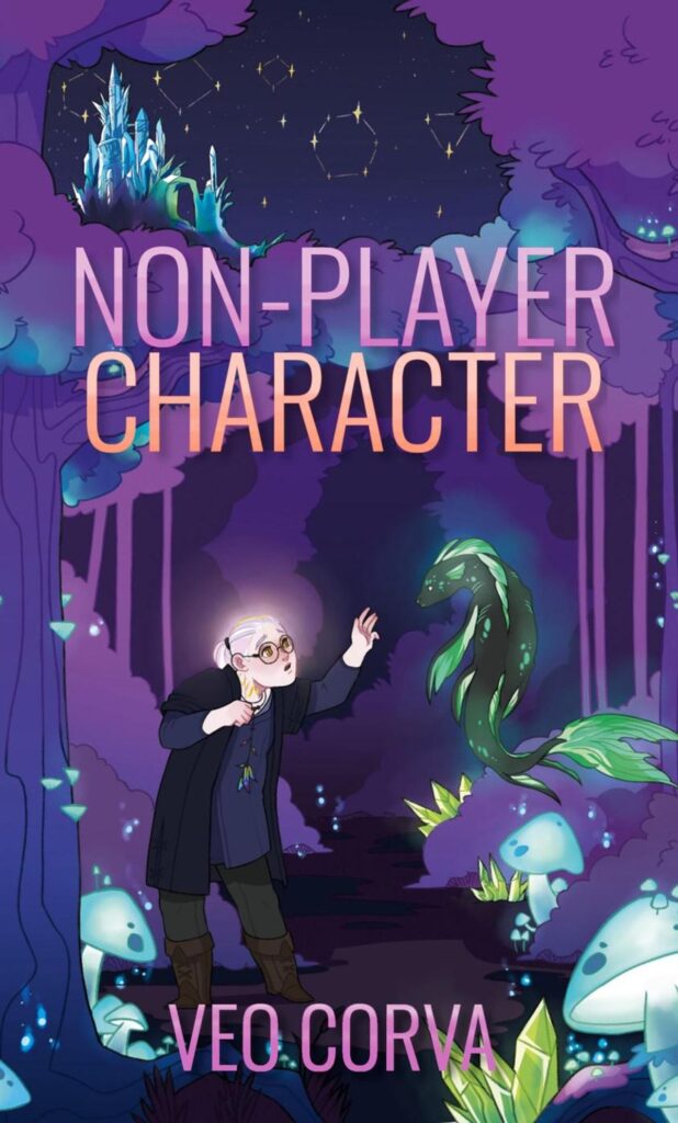 Non-Player Character by Veo Corva. A glowing night-time forest with poly dice constellations in the sky. A glowing person nervously reaches out to a floating seal creature.