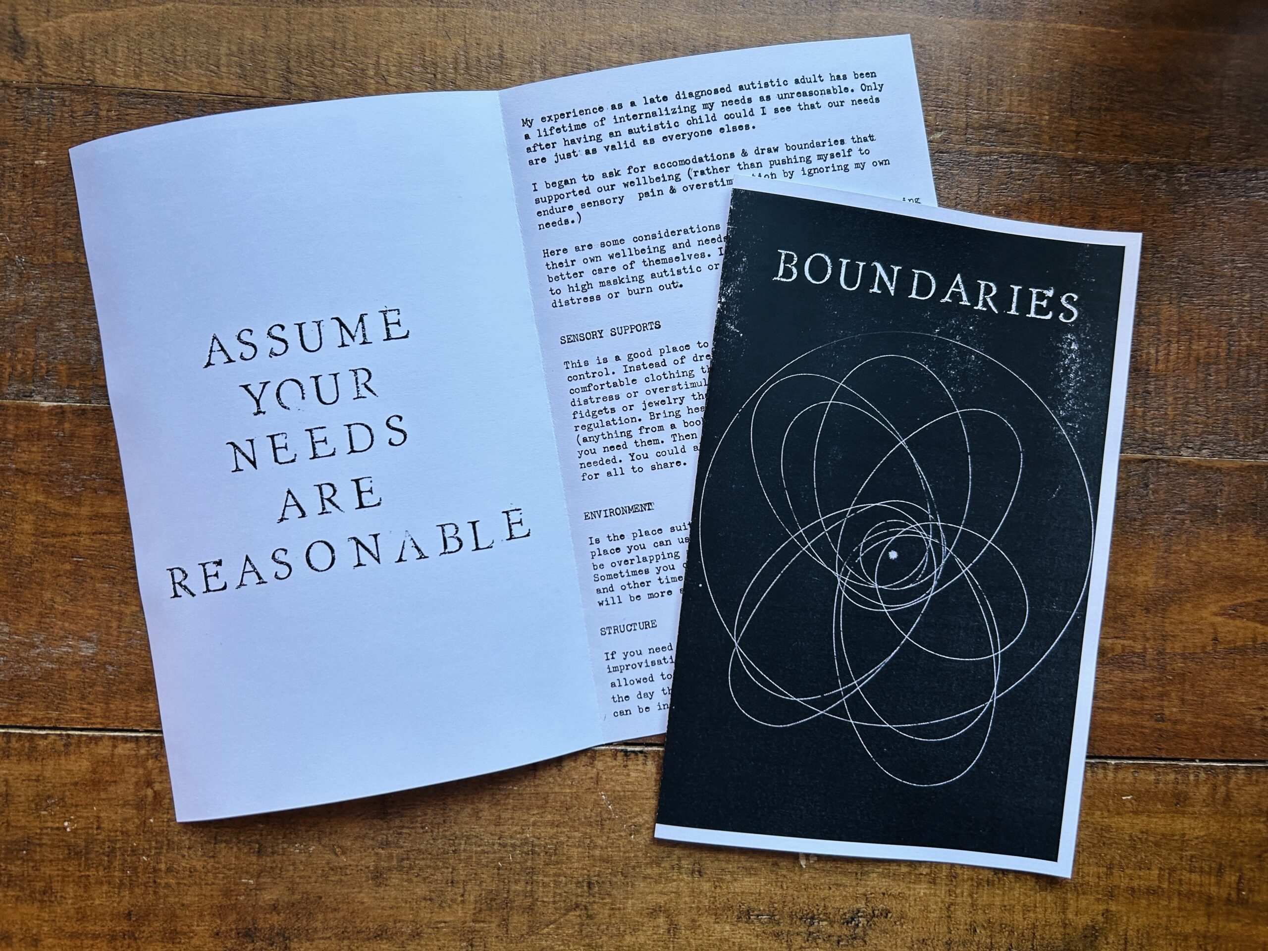 Black and white zine reads Boundaries on black cover with orbital patterns. Inside says Assume your needs are reasonable in large text.