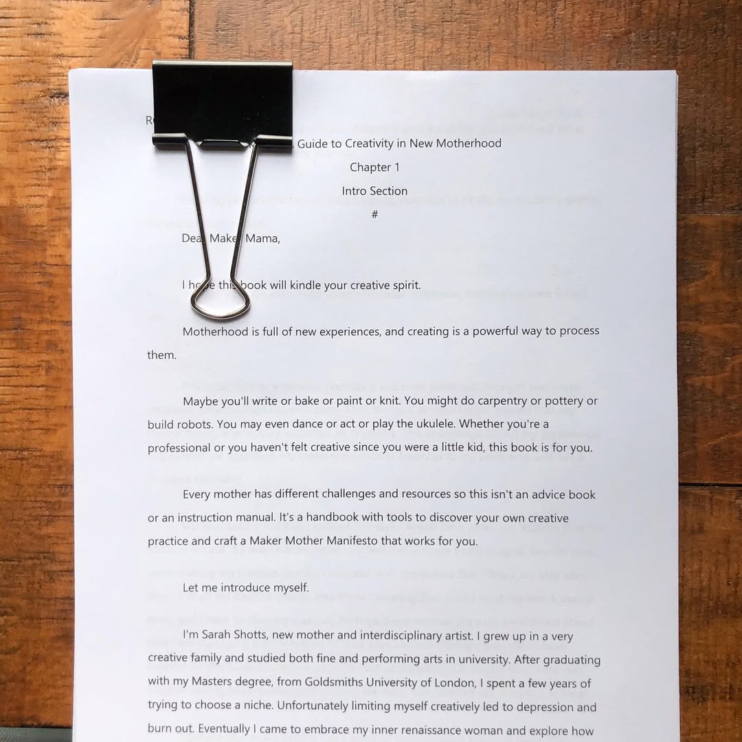 Mother Maker Manifesto first draft typed document with giant bulldog clip holding pages together.