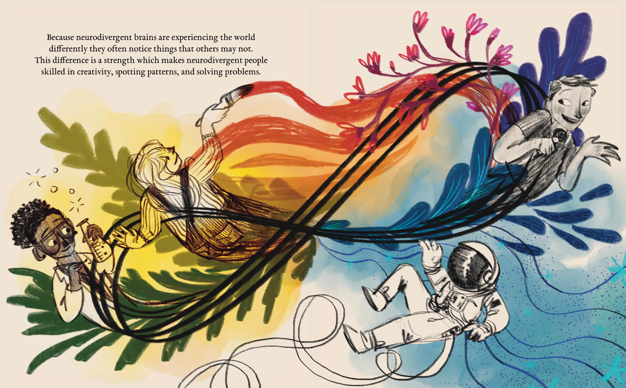 Illustrated spread featuring a rainbow infinity symbol and characters who appear to be scientist, artist, astronaut and comedian.