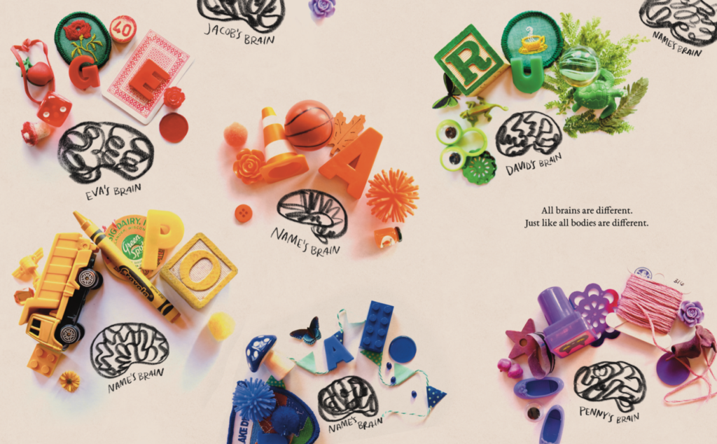 Illustrated brains surrounded by photographed objects in a certain color: pink, yellow, orange, blue, green and purple.