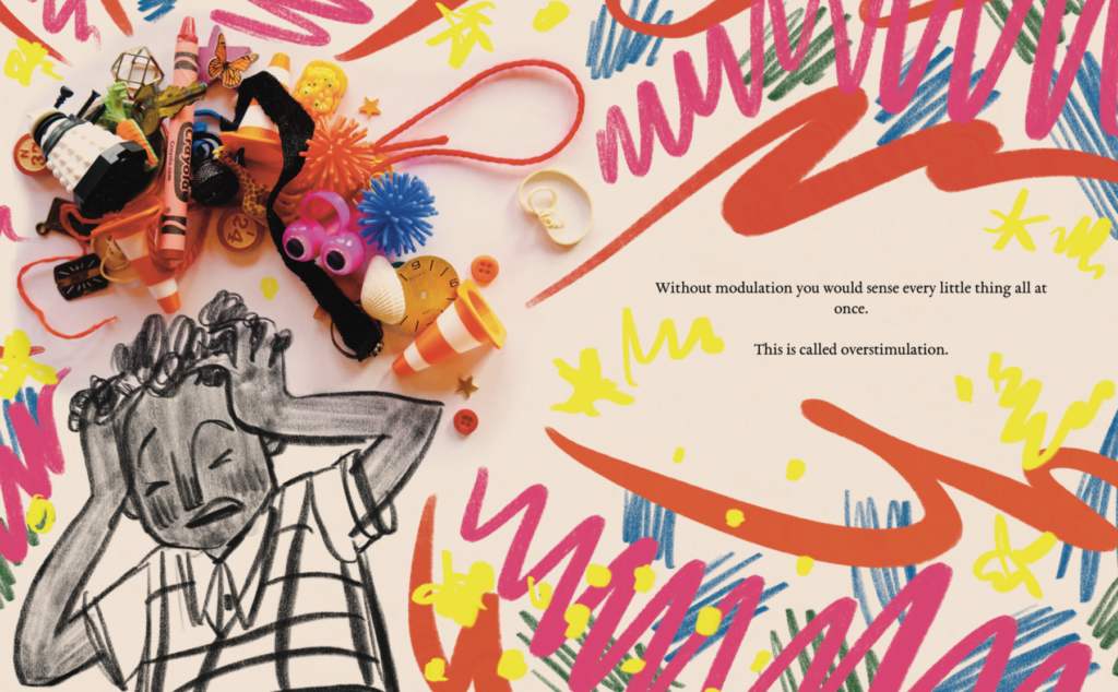 Illustrated figure with hands on head and eyes closed in distressed surrounded by a halo of photographed objects (including googly eyes, caution cone, and dalek) and wave lines to indicate overstimulation.