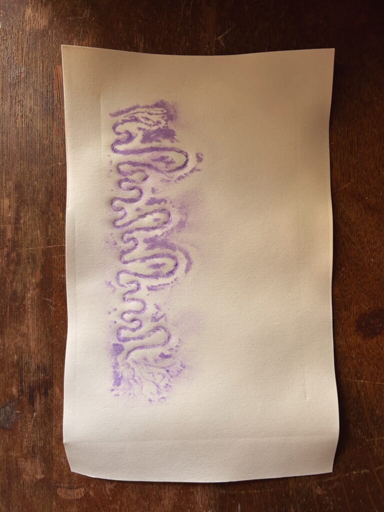 Collagraph print of a light purple river meander