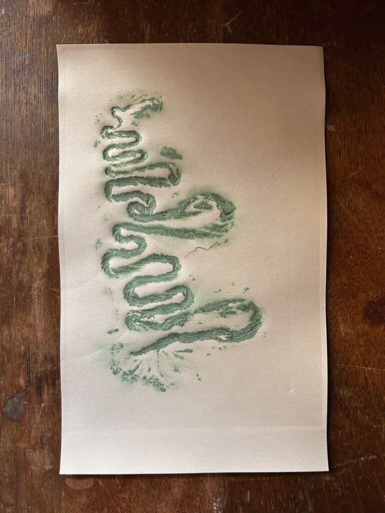 Collagraph print of a sage green river meander