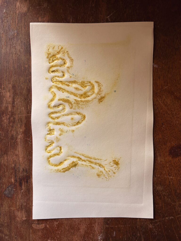 Collagraph print of a golden yellow river meander