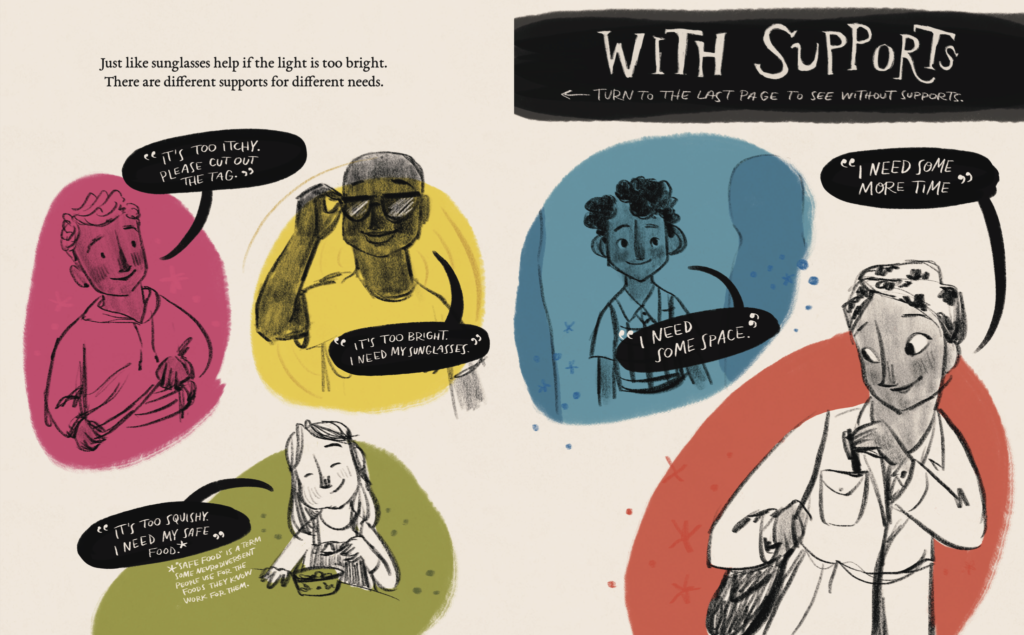 This spread shows sensory supports like sunglasses, safe foods, extra space, removing clothing tags, and extra time.