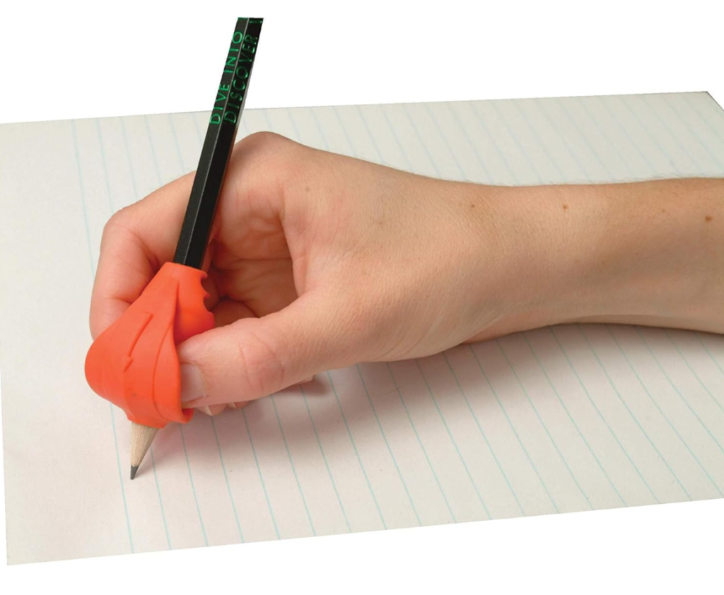 Hand holding grotto grip pencil grip with curved hand placement