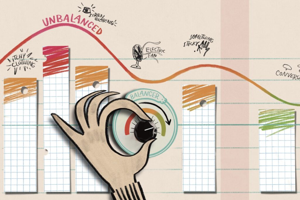 Illustration of a graph showing senses. On the left senses are red (siren blaring, itchy clothing), then a hand turns a dial and senses becoming more balanced going to yellow and green.