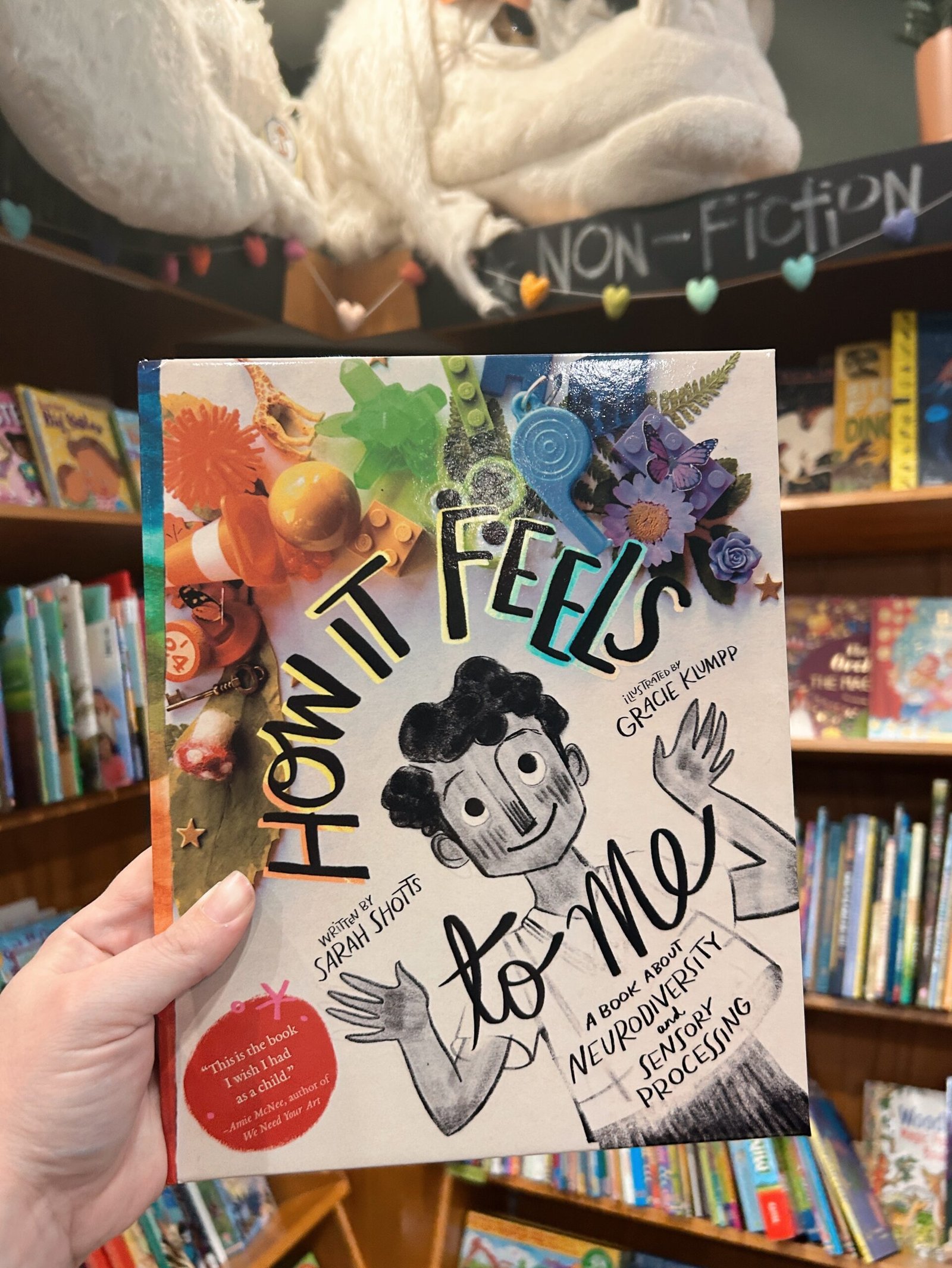 Holding a hardcover copy of How it Feels to Me at Pearl Books in Fayetteville Arkansas. Falcor a luck dragon from Neverending Story is visible above the bookshelf behind.
